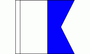 The international Code Flag "A" is a blue and white vertically divided flag that indicates divers below. When displayed, this flag requires that boats do not exceed 5 knots when within 120 metres of it. This flag may be hoisted from an anchored vessel, on a buoy or dive float or hoisted on the shore. The flag must be at least 500mm high and at least 400mm wide.